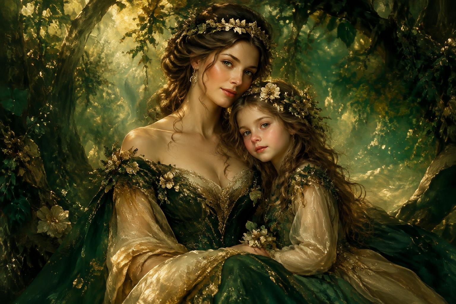 Painted fairytale portrait of a mother and daughter in an enchanted forest